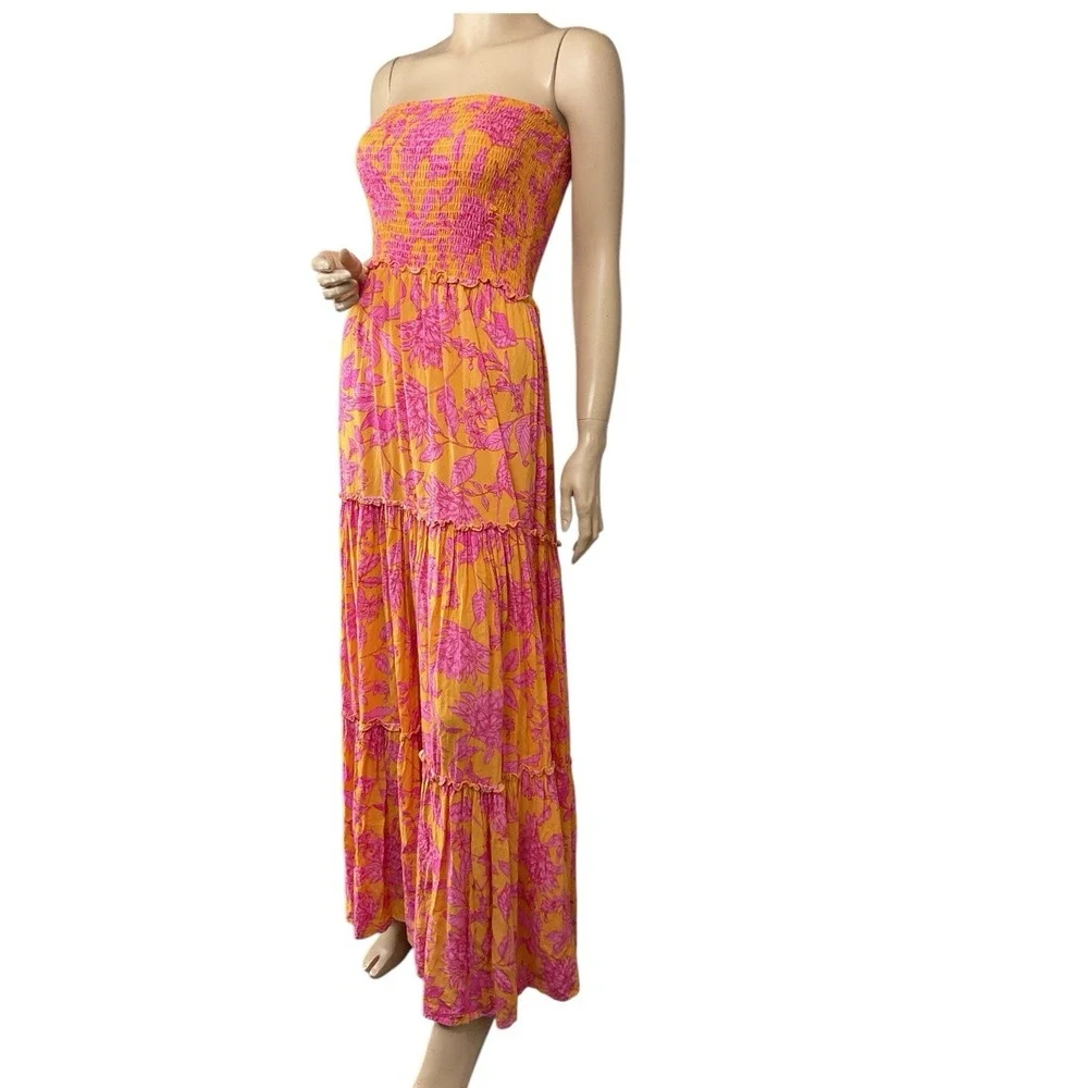 Abel The Label ATL‎ Strapless Tiered Maxi Dress Smocked Bodice Floral Hippie